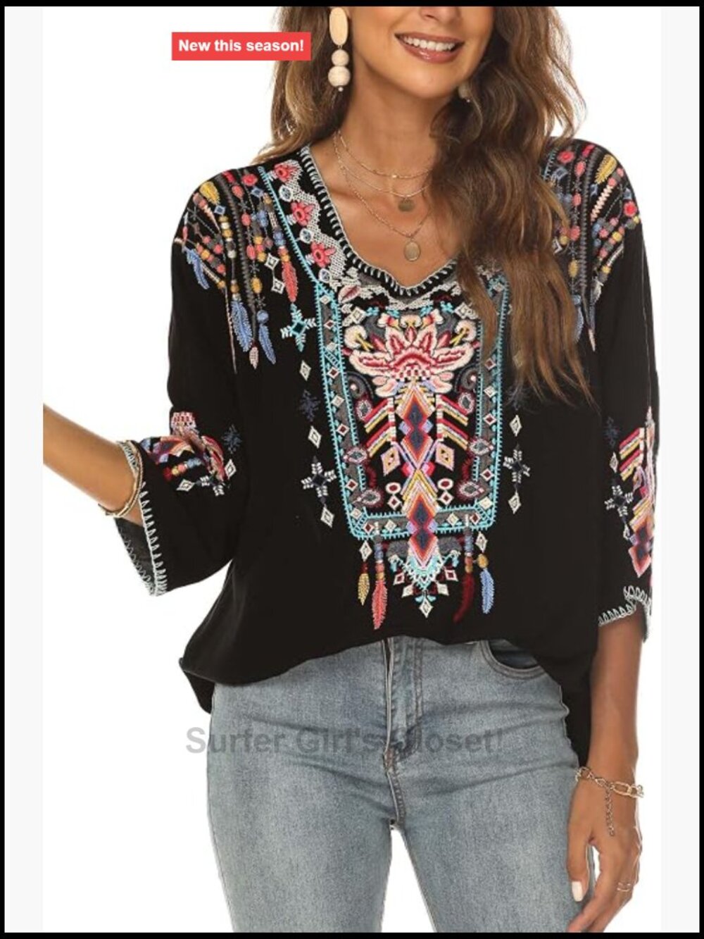 Women's Embroidered Mexican Boho 3/4 Sleeve Peasant Tunic Blouse Rayon